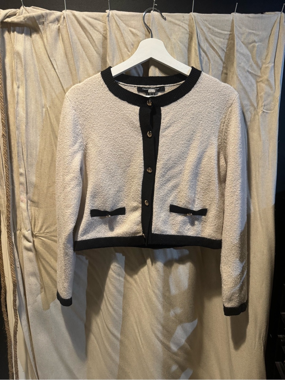 French Connection Cream Bouclé Cardigan with Black Trim
